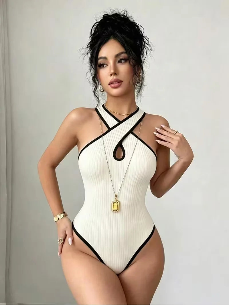 3pc Y2K Fashion Halter Bodysuit Criss Cross Neck Cutout Ribbed Knit Contrast Trim Slim Women Sleeveless Body Suit Club Outfit
