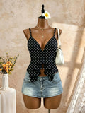 Women Thin Spaghetti Strap Deep V Front Self Tie Ruffle Hem Slim Crop Camisole 2026 Summer Y2K Solid White Sleeveless Going Out