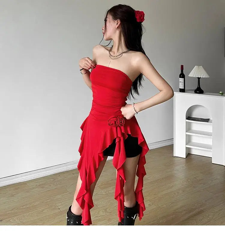 Women Bustier Tops Irregular 3D Roses Ruffle Slim Aesthetic Summer Chic Streetwear Tops Solid Red Womenswear Black White Sexy by KATA - Tropical Star