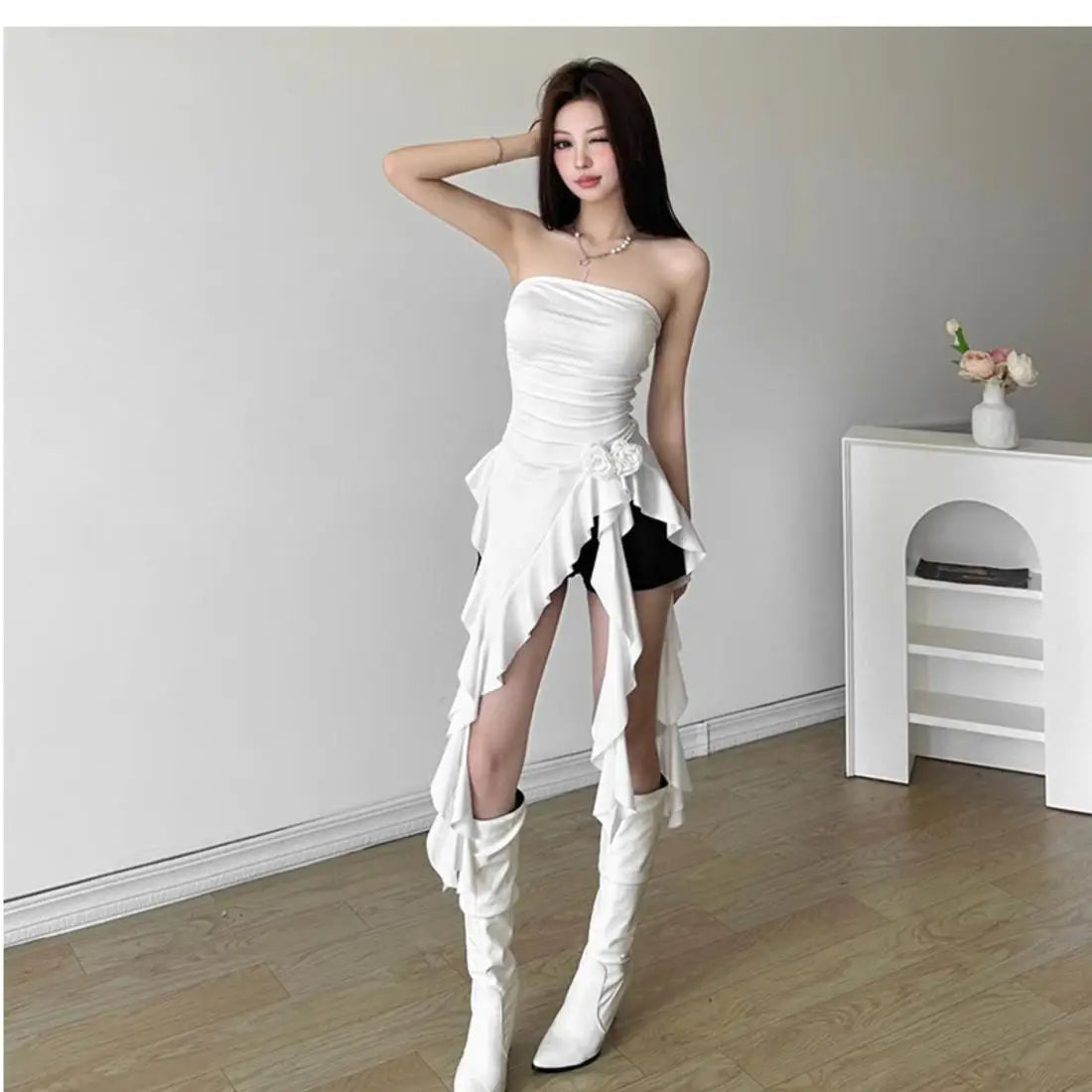 Women Bustier Tops Irregular 3D Roses Ruffle Slim Aesthetic Summer Chic Streetwear Tops Solid Red Womenswear Black White Sexy by KATA - Tropical Star