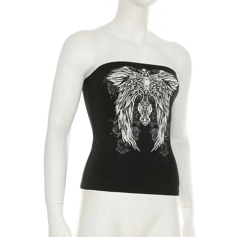 Gothic Print Black Tube Top Women Strapless Skinny Cropped Tops Summer Casual Chic Graphic Tees Y2K Streetwear Vest Basic