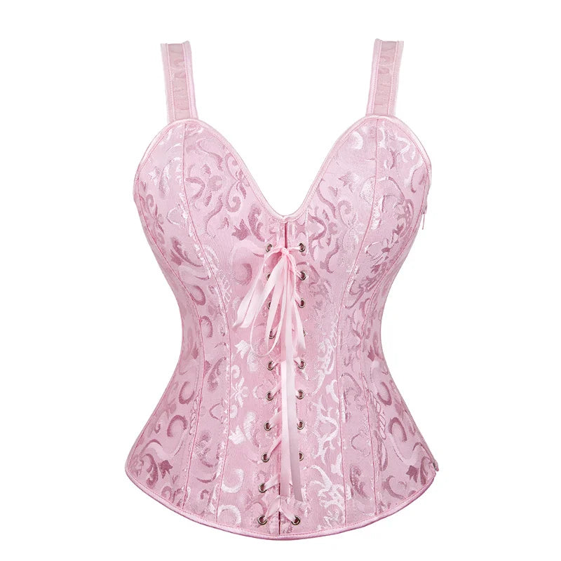Women Corset with Straps Black Overbust Corset Plus Size Floral Jacquard Corset Zipper Top Gothic Steampunk Corset Bustier
