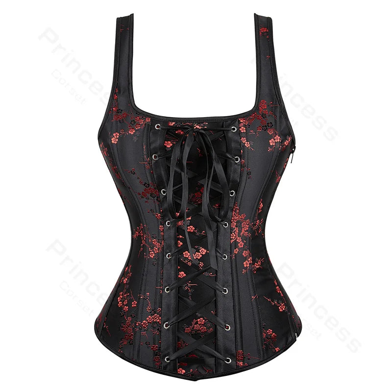 Women Corset with Straps Black Overbust Corset Plus Size Floral Jacquard Corset Zipper Top Gothic Steampunk Corset Bustier