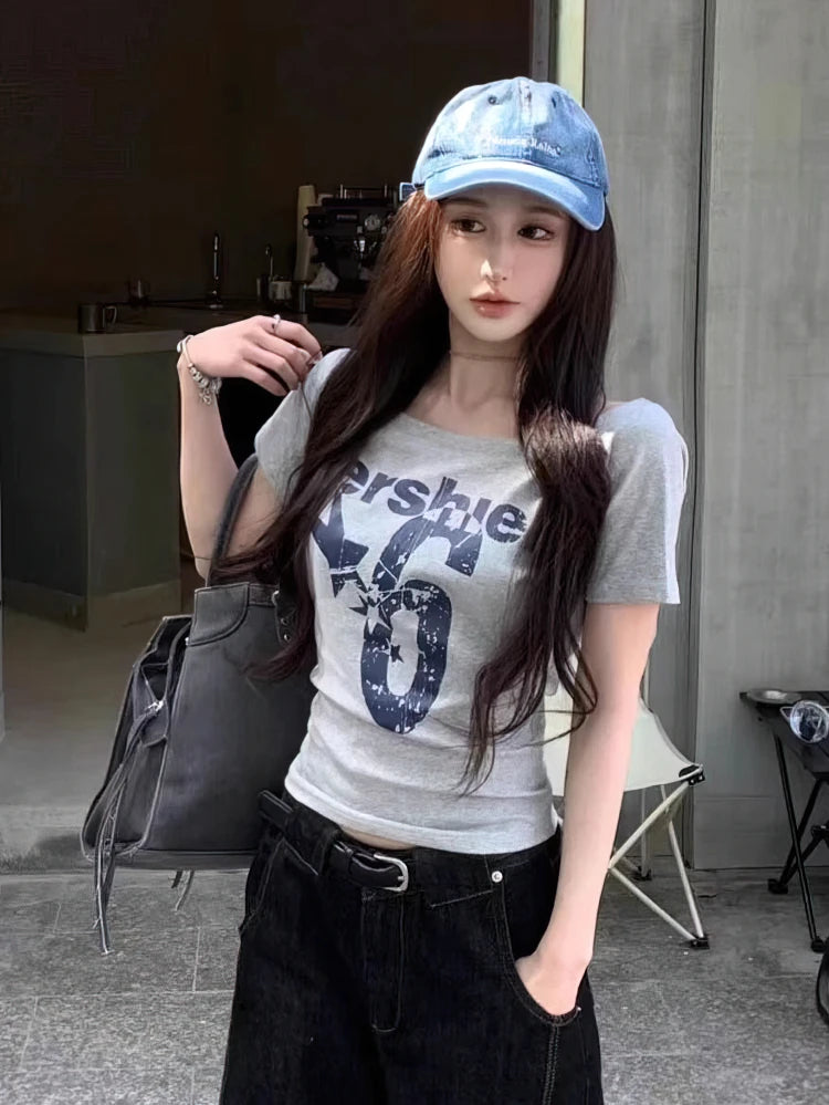 Y2k Sport Summer Off shoulder Top Women Sexy Vintage 2000s Short sleeve T shirt Lady Body Basic Crop Top Female Casual by KATA - Tropical Star