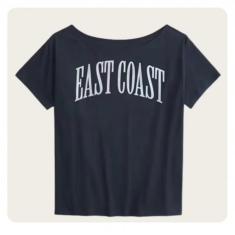 American-Style Short-Sleeved T-Shirt for Women, Summer Design, Finterest Slimming, Loose, Retro Off-Shoulder Top