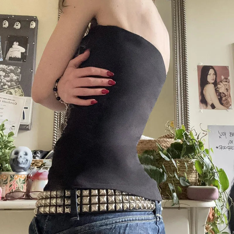 Gothic Print Black Tube Top Women Strapless Skinny Cropped Tops Summer Casual Chic Graphic Tees Y2K Streetwear Vest Basic