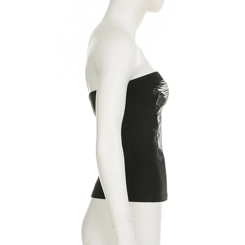 Gothic Print Black Tube Top Women Strapless Skinny Cropped Tops Summer Casual Chic Graphic Tees Y2K Streetwear Vest Basic