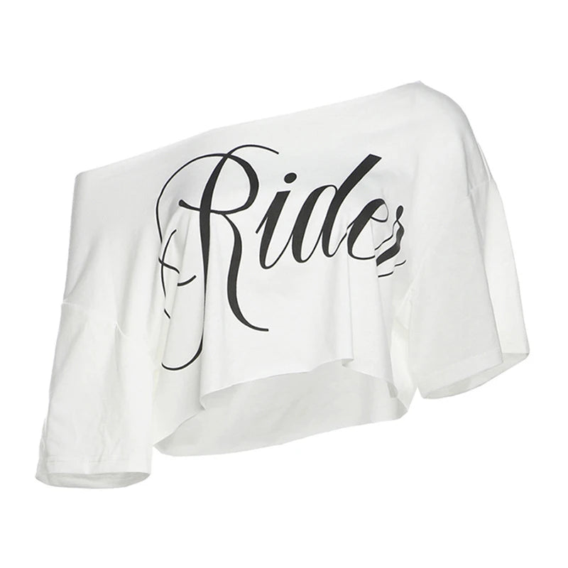 Puloru Off One Shoulder Crop Tops Women's Letter Print Short Sleeve Loose Fit T-Shirts Streetwear Grunge Clothes Casual Tees by KATA - Tropical Star