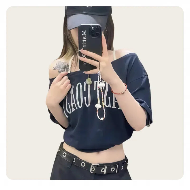 American-Style Short-Sleeved T-Shirt for Women, Summer Design, Finterest Slimming, Loose, Retro Off-Shoulder Top