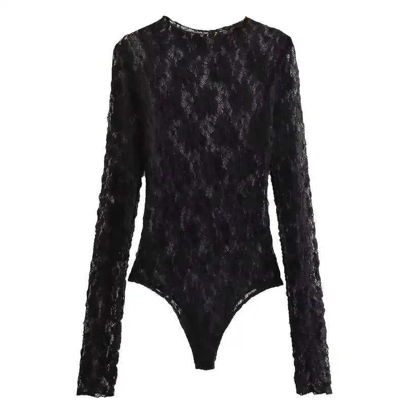 Lace Bodysuit Women's Bodysuit Auutmn Black Cutwork O-Neck Long Sleeves High Spandex Bodysuits Sexy Lingerie For Fine Women L5QW by KATA - Tropical Star
