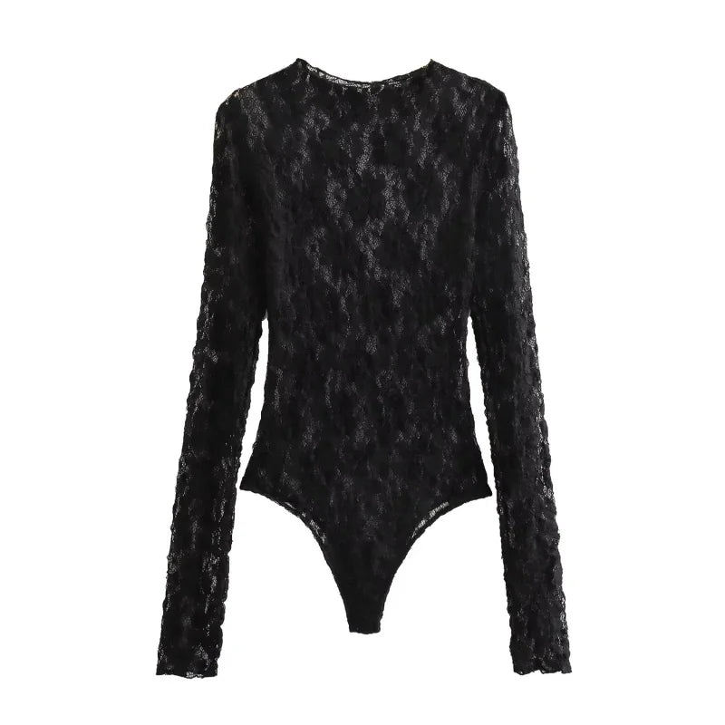 Women’s Sexy Lace Bodysuit Set Long Sleeve Top Flared Pants Party Wear Size Runs Small Trendy Style ﻿