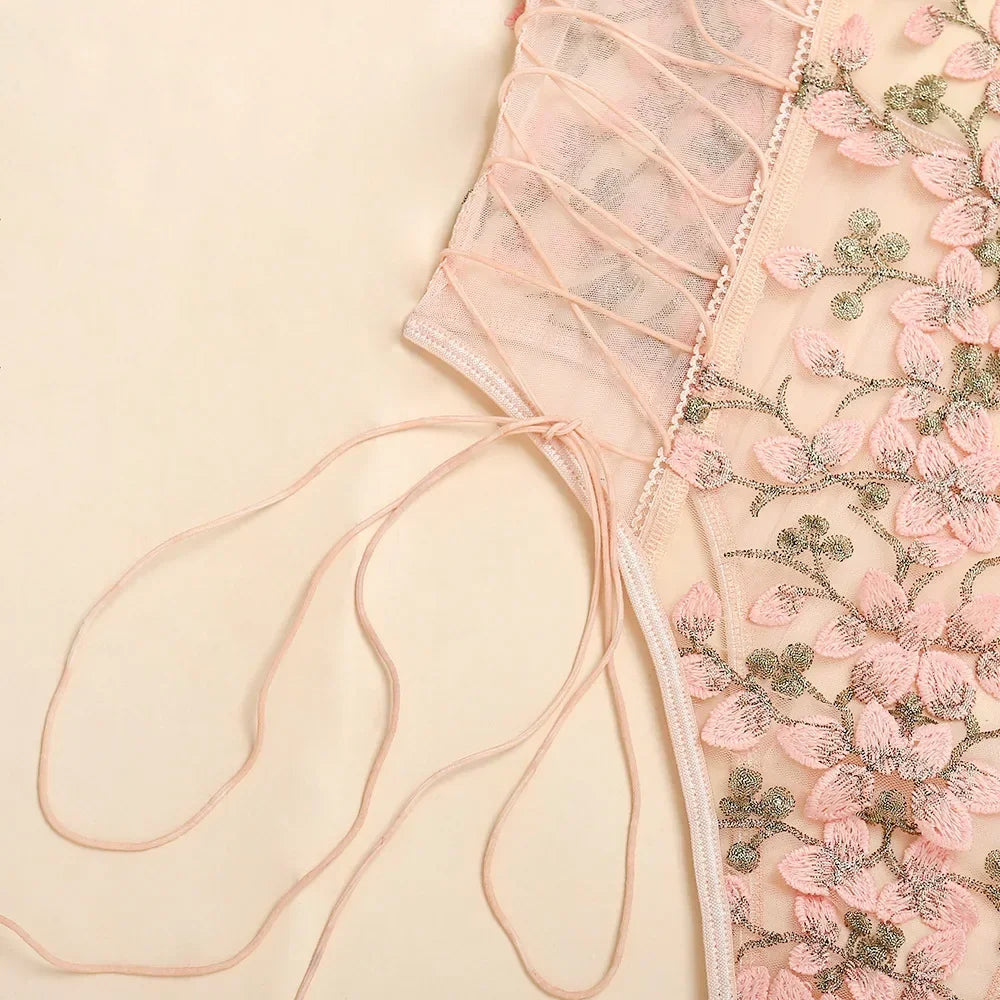 Porn Suit Floral Lace Embroidery Bodysuit Women Sexy Lingerie Bandage See Through Deep V Backless Body Suit Exotic Underwear by KATA - Tropical Star