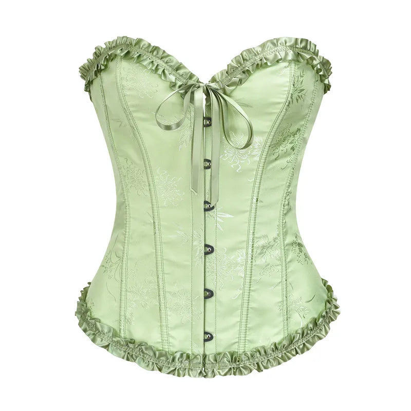 Yellow Jacquard Ruffled Trim Boned Sexy Overbust Push Up Bustier Top Corset Mujer Slimming Corsets For Women Sexy Gothic Clothes