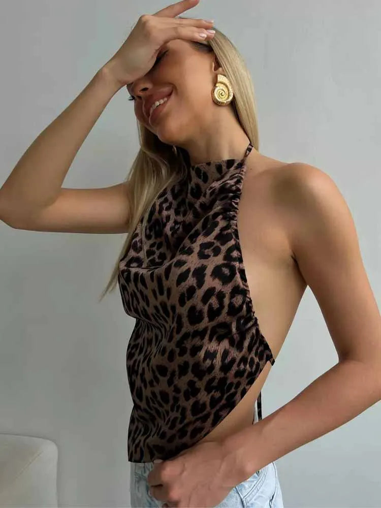 BKQU Satin Women Halter Top Solid Color Irregular Sexy Backless Slip Tank Top 2025 Summer New Party Hot Girl Y2k Ruched Camisole by KATA - Tropical Star