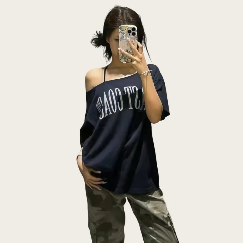 American-Style Short-Sleeved T-Shirt for Women, Summer Design, Finterest Slimming, Loose, Retro Off-Shoulder Top by KATA - Tropical Star