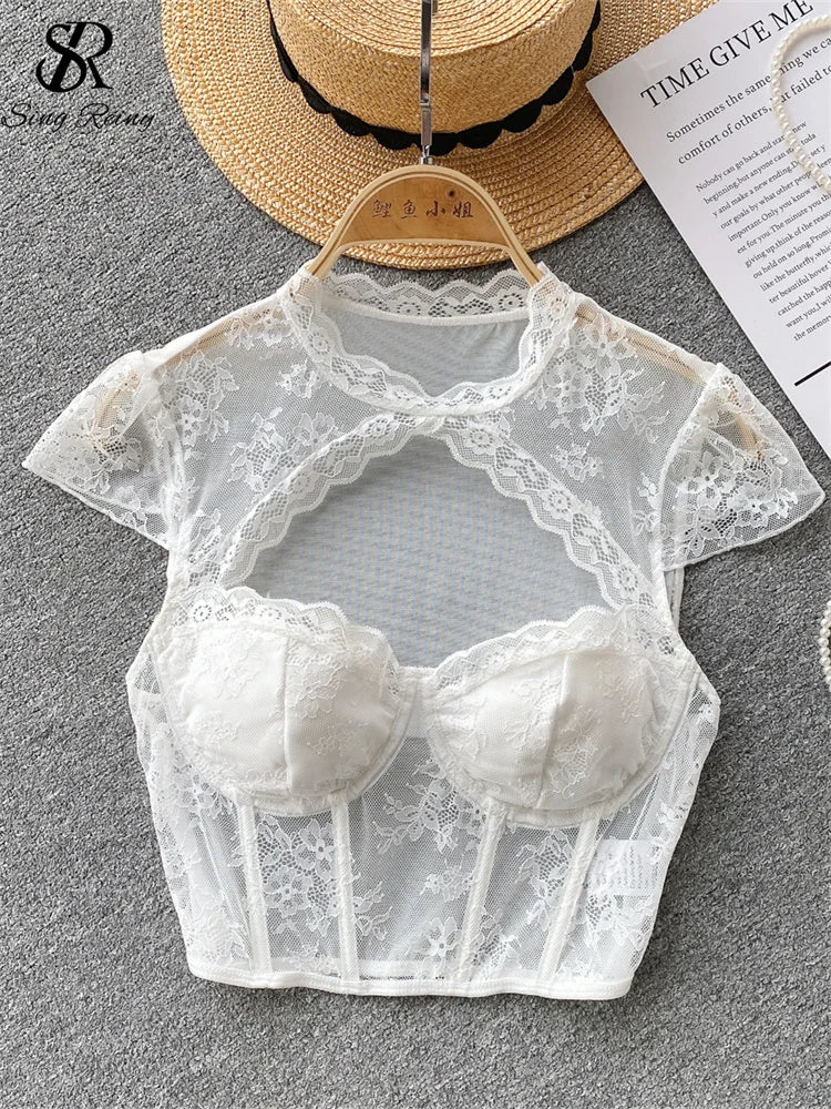 SINGREINY American Sexy Sheer Lace Blouse Women Short Sleeves Hotsweet Chiffon Shirt Fashion Hollow Out Chest Slim Summer Tops by KATA - Tropical Star