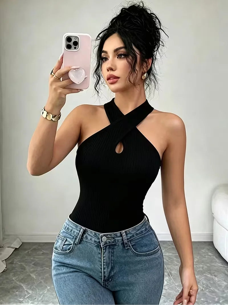 3pc Y2K Fashion Halter Bodysuit Criss Cross Neck Cutout Ribbed Knit Contrast Trim Slim Women Sleeveless Body Suit Club Outfit