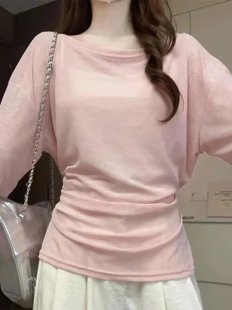 See Through Long sleeve Oversize T shirt Women Sexy Back Bandage Off shoulder Top Female Basic Long Tees Korean Chic Lady New by KATA - Tropical Star