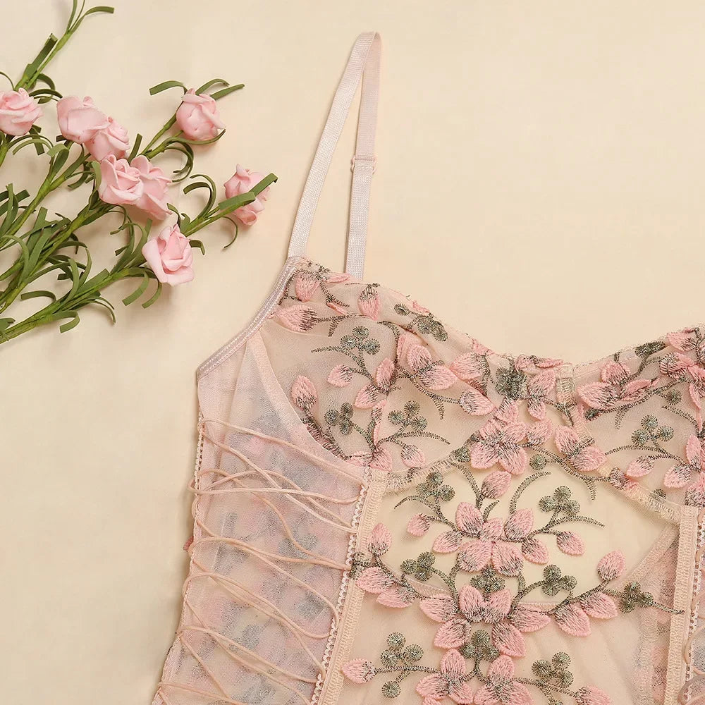 Porn Suit Floral Lace Embroidery Bodysuit Women Sexy Lingerie Bandage See Through Deep V Backless Body Suit Exotic Underwear