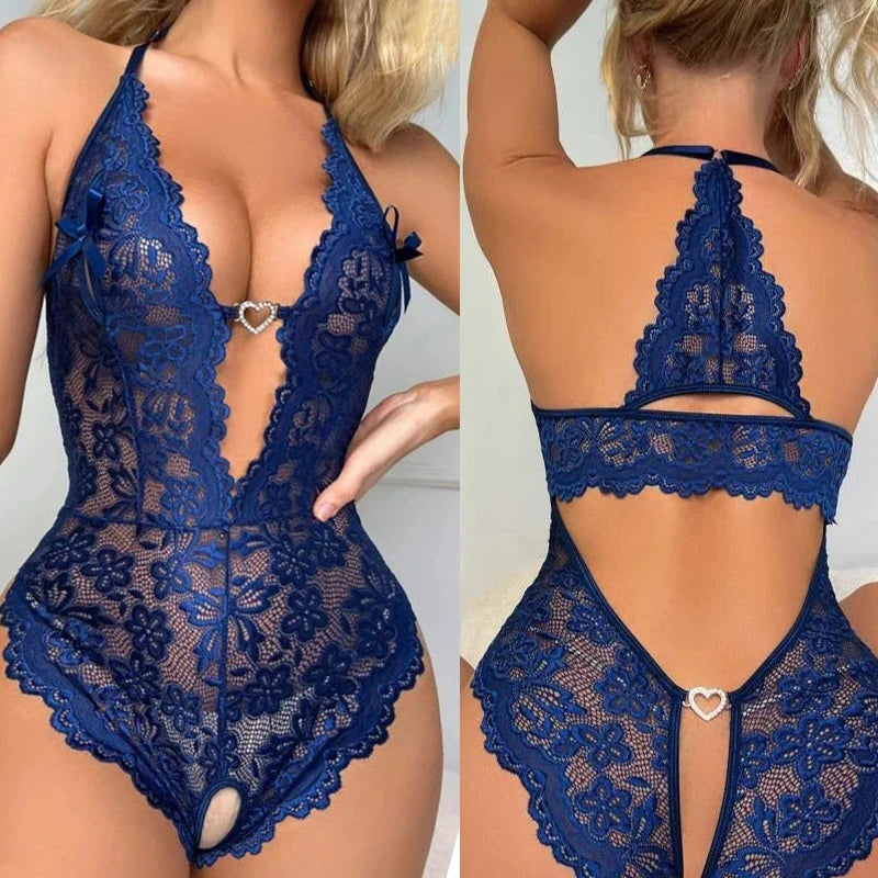 Women Lace Body Suit Sexy Lingerie Sleepwear Mesh Lace Floral Deep V See-through Teddies Bodysuits Naughty Eroctic Costumes by KATA - Tropical Star