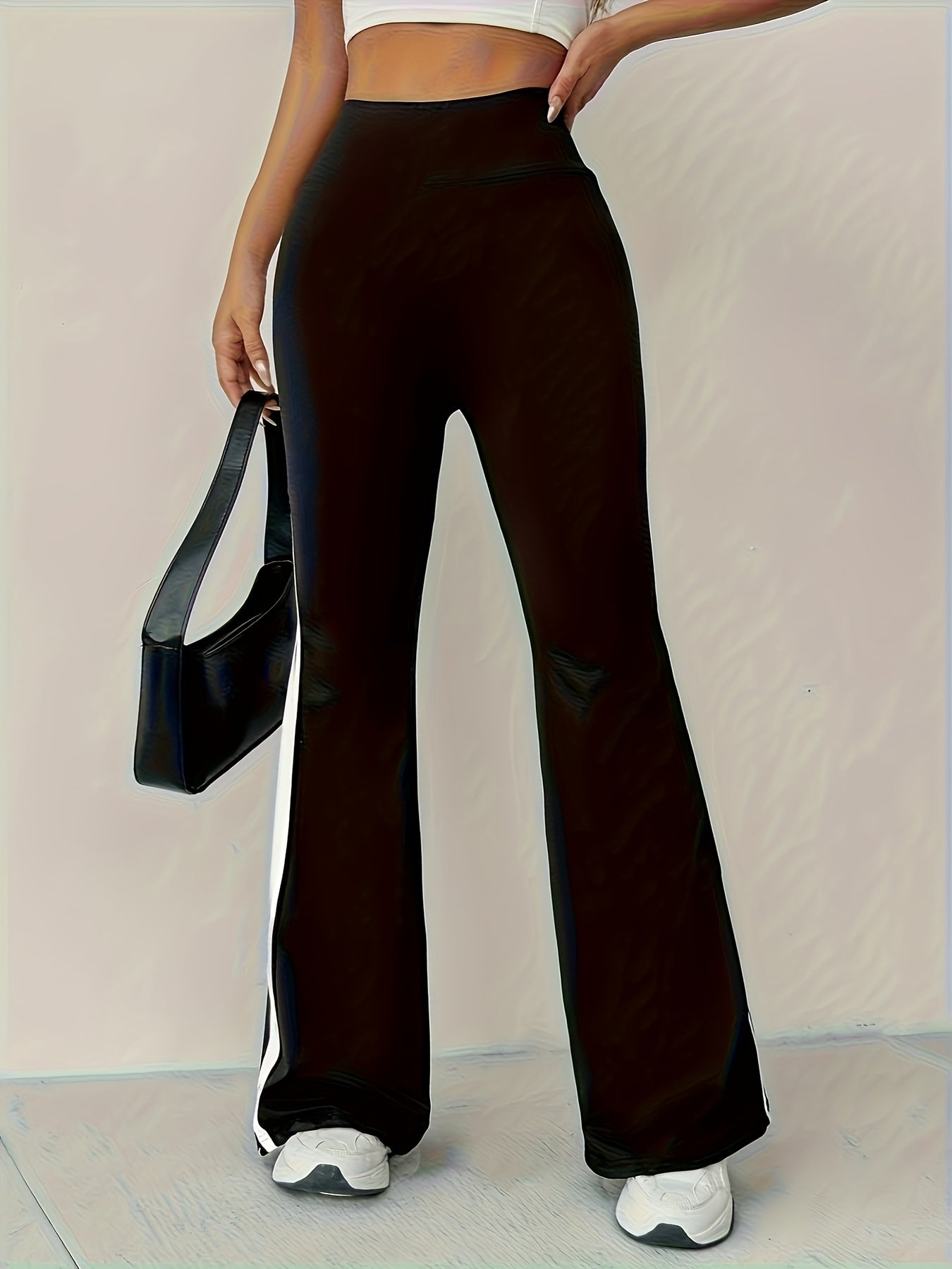 High-Waist Black Flare Pants with White Side Stripes | and Leg-Lengthening, Casual Style, Suitable for All Seasons