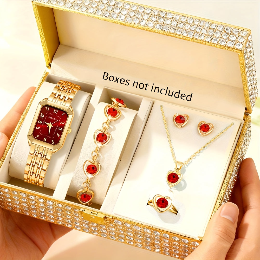 6pcs Luxury Resort Style Analog Quartz Women's Watch Set, 1pc Square Dial Watch + 5pcs Heart-Shaped Jewelry Set, Perfect Holiday Gift for Sisters, Ideal for Thanksgiving and Christmas