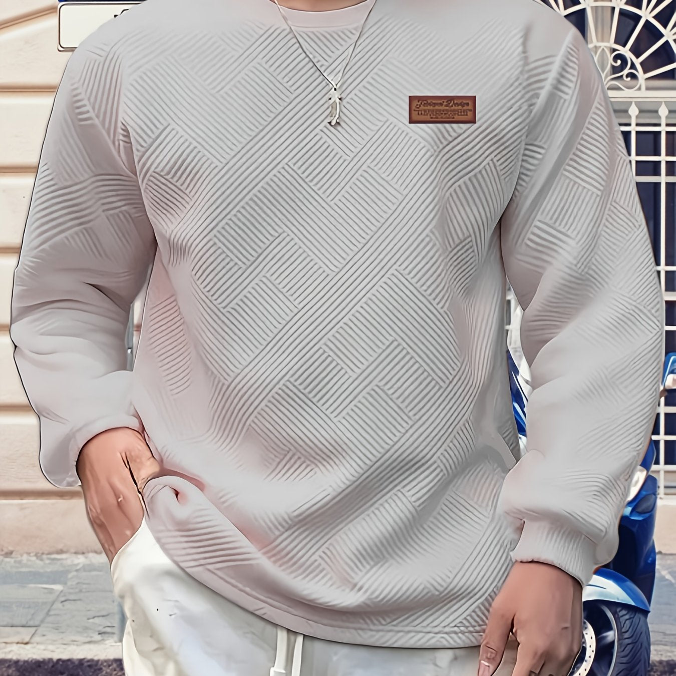 Valentine's Day Men's Gift, Men's Fashion Heavyweight Jacquard Crew Neck Long Sleeve Sweatshirt, Spring/Autumn Casual Comfortable Top for Daily Outings