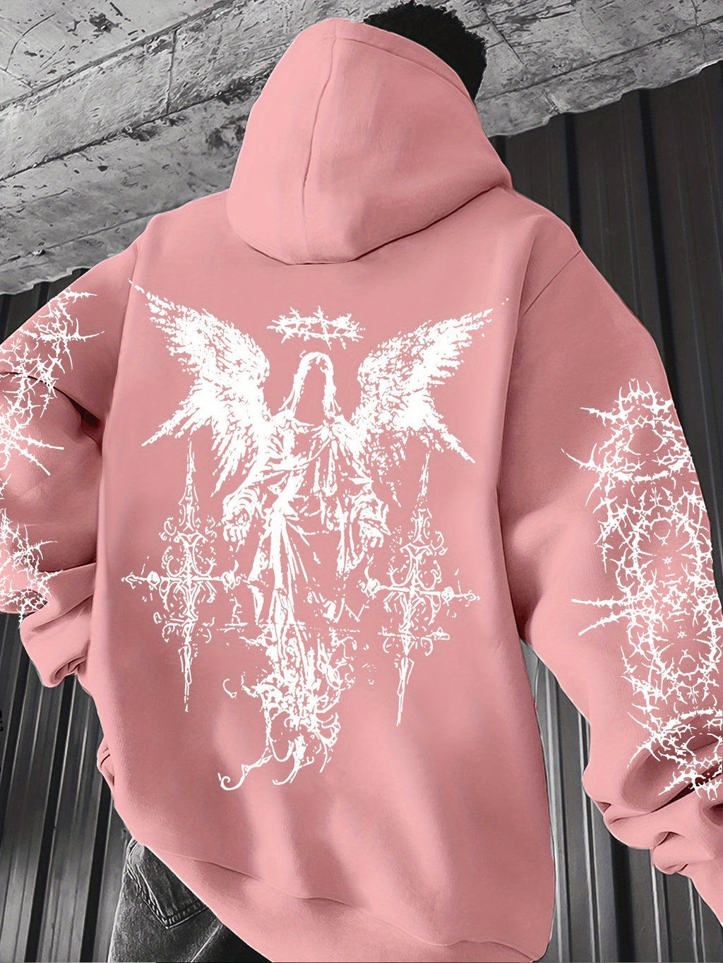Men's Angel Element Graffiti Thorn Print Streetwear Hip-Hop Punk Style Hooded Sweatshirt, Regular Fit with Hooded Collar, Solid Color with Graphic Print, Casual Long-Sleeve Pullover