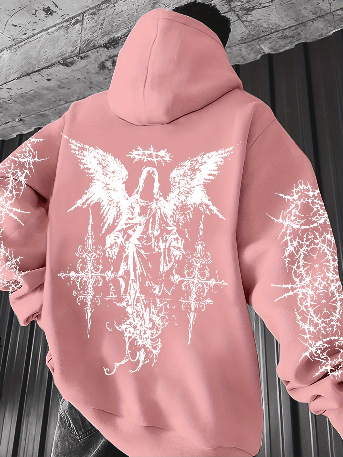 Men's Angel Element Graffiti Thorn Print Streetwear Hip-Hop Punk Style Hooded Sweatshirt, Regular Fit with Hooded Collar, Solid Color with Graphic Print, Casual Long-Sleeve Pullover