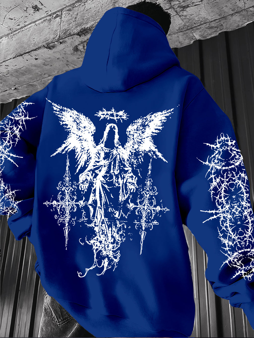 Men's Angel Element Graffiti Thorn Print Streetwear Hip-Hop Punk Style Hooded Sweatshirt, Regular Fit with Hooded Collar, Solid Color with Graphic Print, Casual Long-Sleeve Pullover
