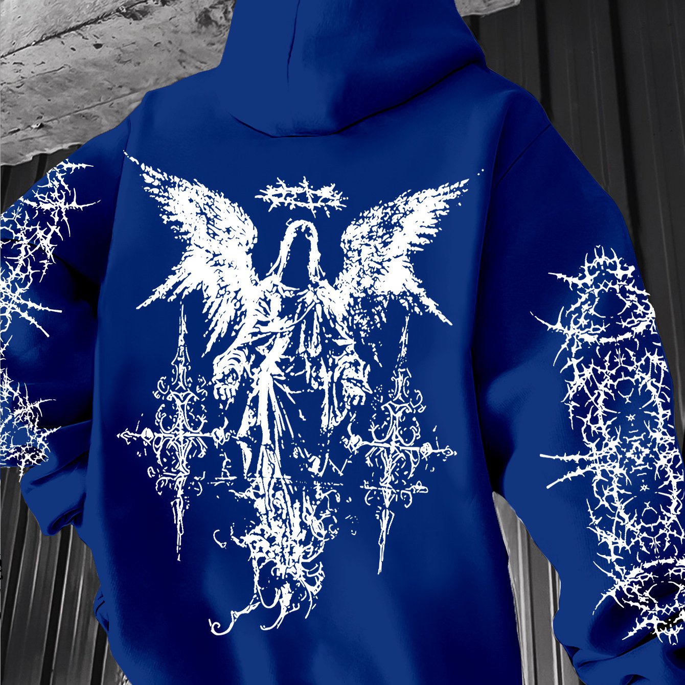 Men's Angel Element Graffiti Thorn Print Streetwear Hip-Hop Punk Style Hooded Sweatshirt, Regular Fit with Hooded Collar, Solid Color with Graphic Print, Casual Long-Sleeve Pullover