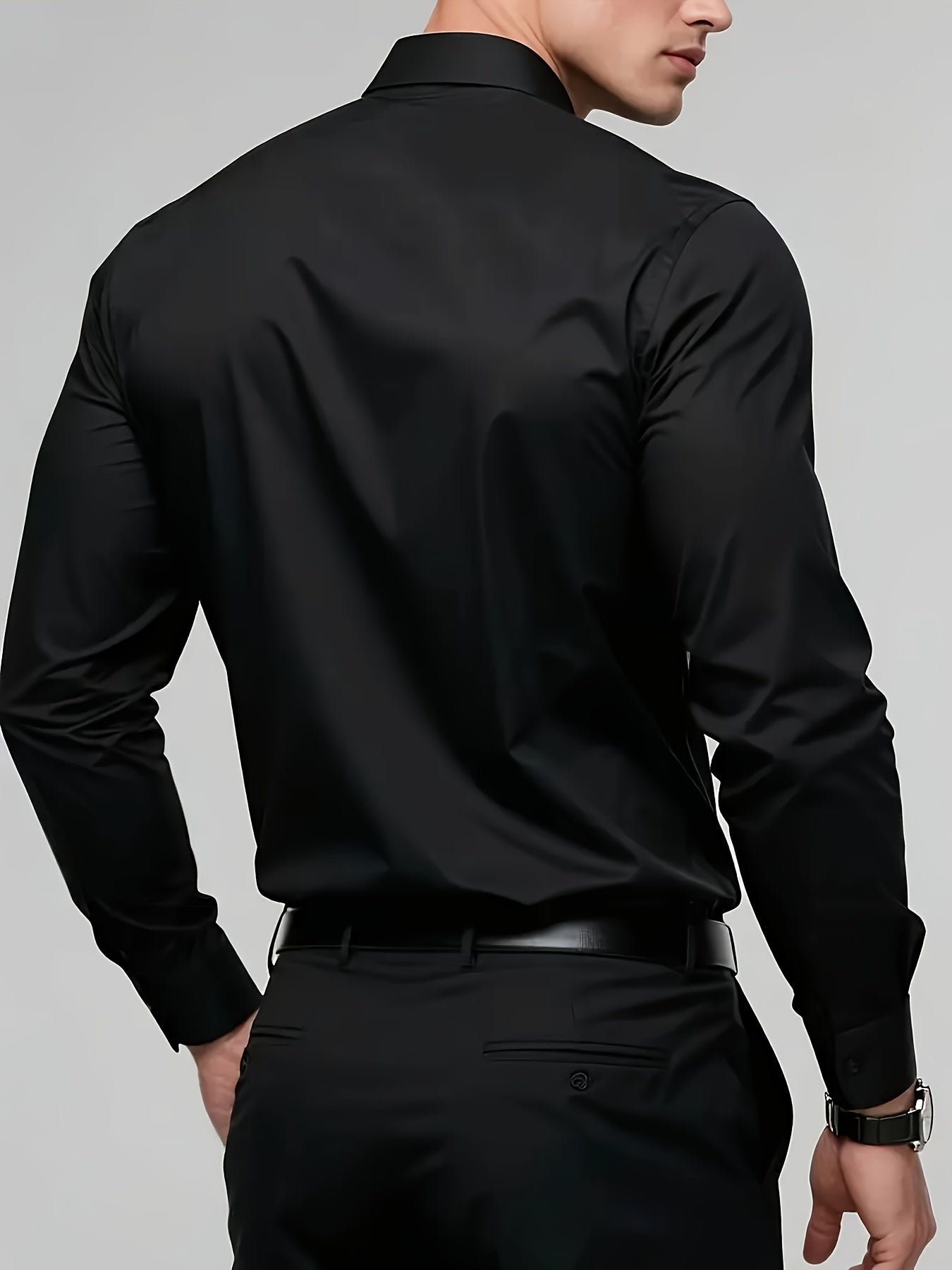Men'S Slim-Fit Elegant Black Long Sleeve Button-Up Shirt - Lightweight Fabric, Smooth Texture, Suitable for Casual And Formal Occasions, Stylish Design, Durable Material, Professional Attire, Modern Men'S Fashion, High-Qualit