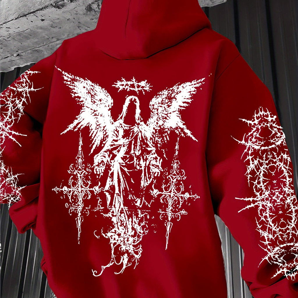 Men's Angel Element Graffiti Thorn Print Streetwear Hip-Hop Punk Style Hooded Sweatshirt, Regular Fit with Hooded Collar, Solid Color with Graphic Print, Casual Long-Sleeve Pullover
