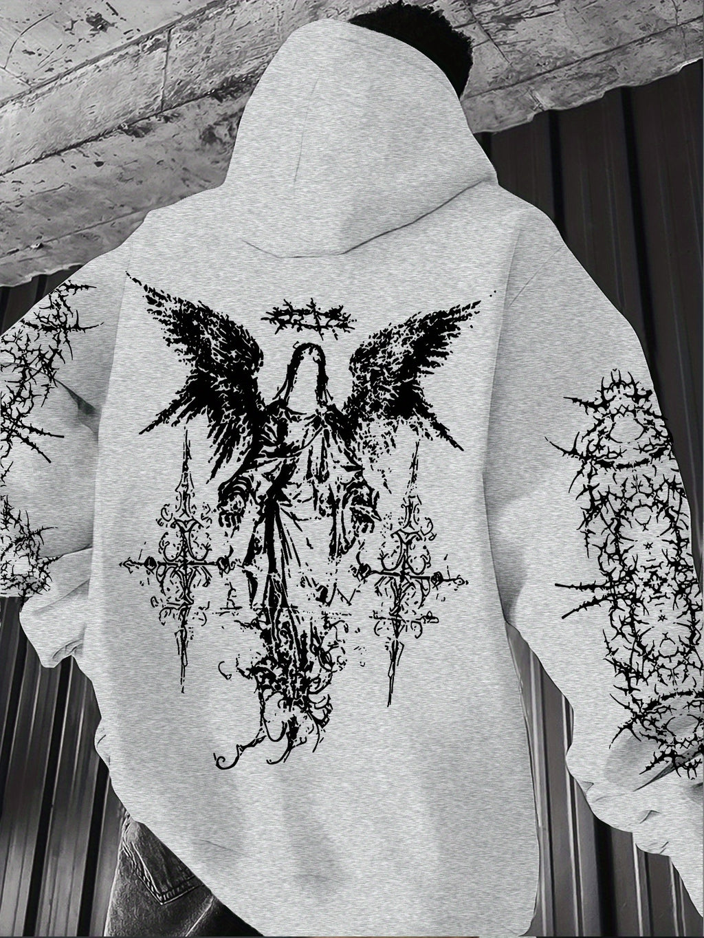 Men's Angel Element Graffiti Thorn Print Streetwear Hip-Hop Punk Style Hooded Sweatshirt, Regular Fit with Hooded Collar, Solid Color with Graphic Print, Casual Long-Sleeve Pullover