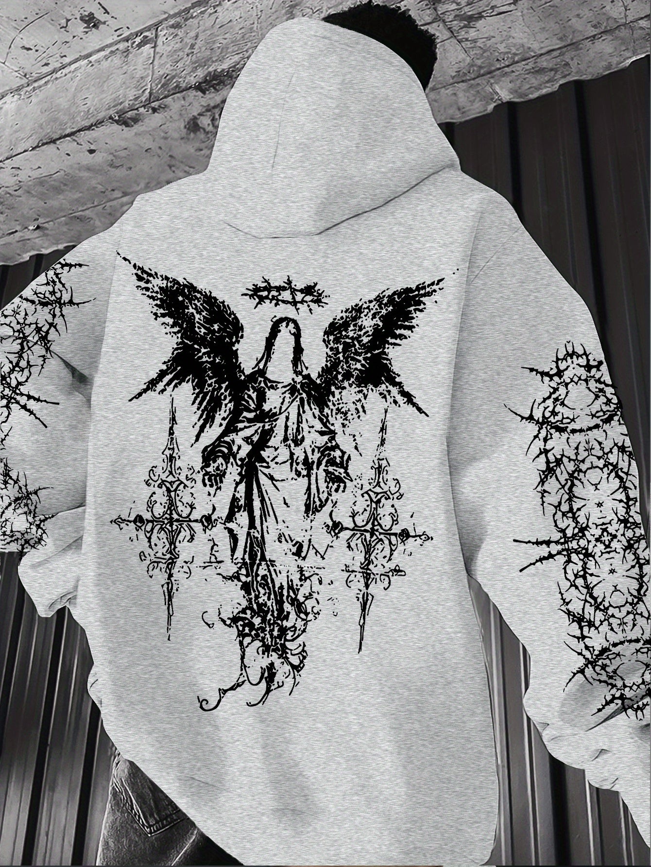Men's Angel Element Graffiti Thorn Print Streetwear Hip-Hop Punk Style Hooded Sweatshirt, Regular Fit with Hooded Collar, Solid Color with Graphic Print, Casual Long-Sleeve Pullover