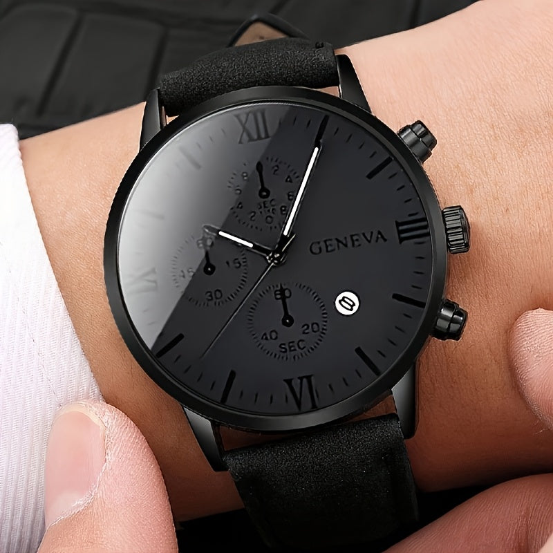 4-Piece Men's Fashion Watch Set, Quartz Sports Watch with Round Zinc Alloy Case, Faux Leather and Stainless Steel Straps, Battery Powered, Multi-Time Zone and Date Function, Ideal for Valentine's Day, Easter, Ramadan, Birthda