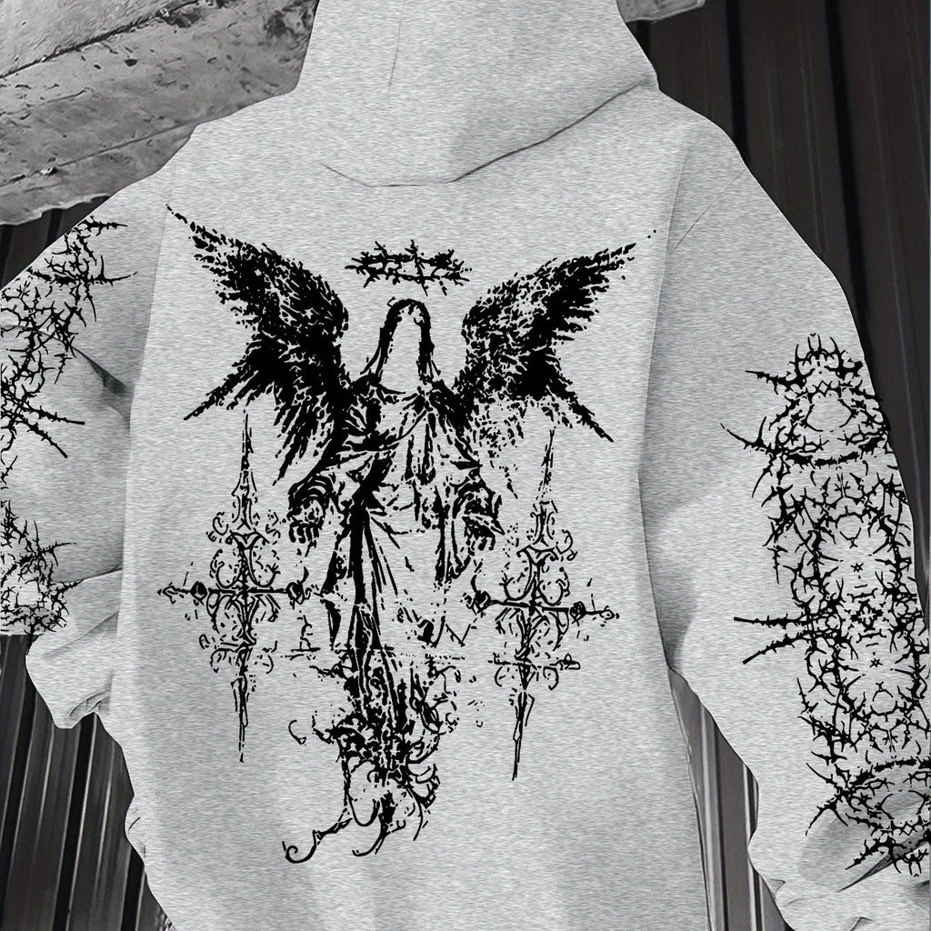 Men's Angel Element Graffiti Thorn Print Streetwear Hip-Hop Punk Style Hooded Sweatshirt, Regular Fit with Hooded Collar, Solid Color with Graphic Print, Casual Long-Sleeve Pullover
