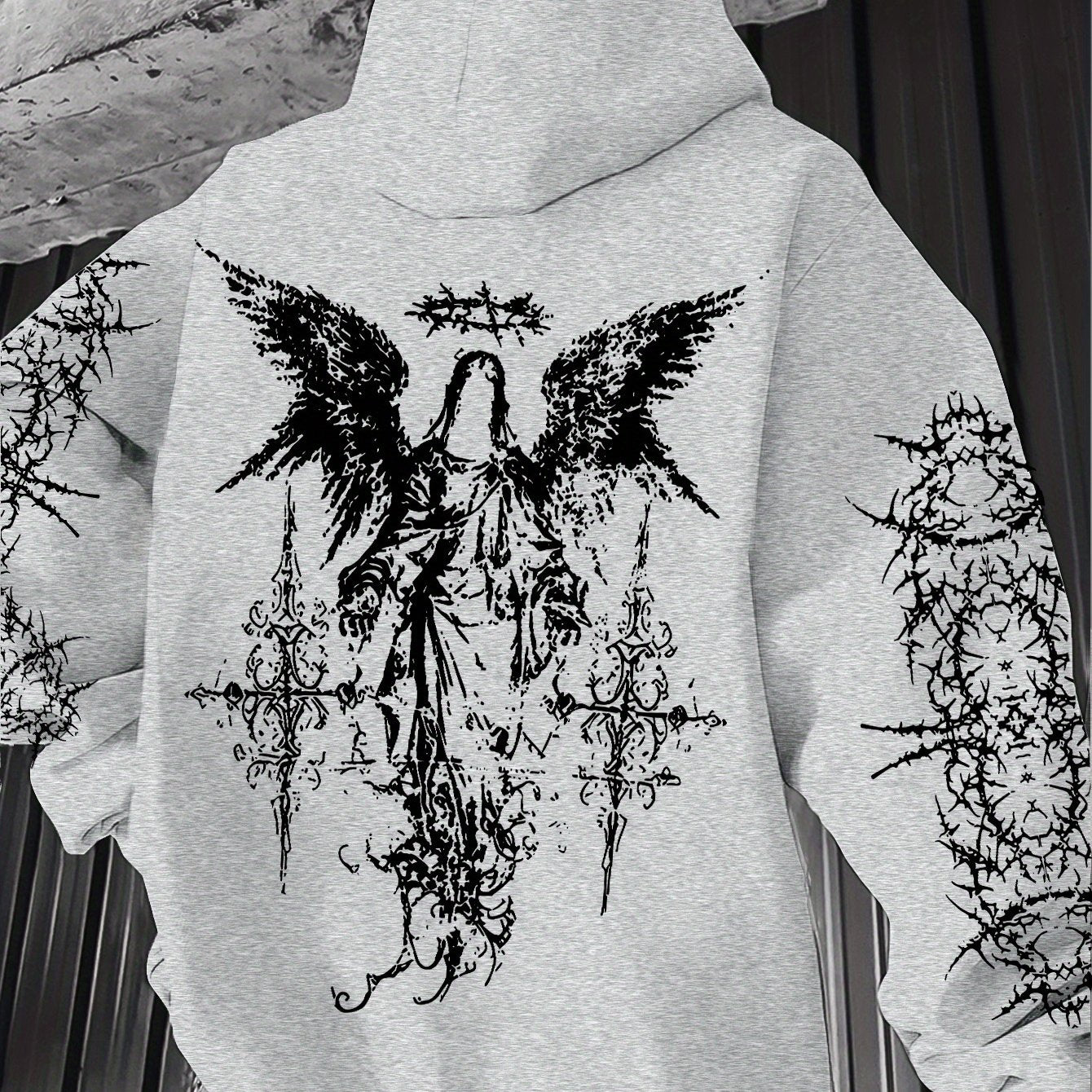 Men's Angel Element Graffiti Thorn Print Streetwear Hip-Hop Punk Style Hooded Sweatshirt, Regular Fit with Hooded Collar, Solid Color with Graphic Print, Casual Long-Sleeve Pullover