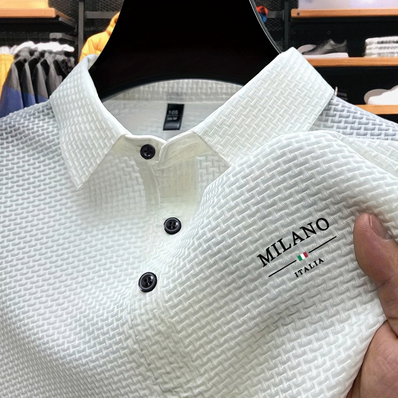 Men'S Short Sleeve Polo Shirt with Milan Letter Print | Casual Lapel Collar, Medium Stretch Fabric, Geometric Pattern, Button Details, Comfortable and Versatile for Summer