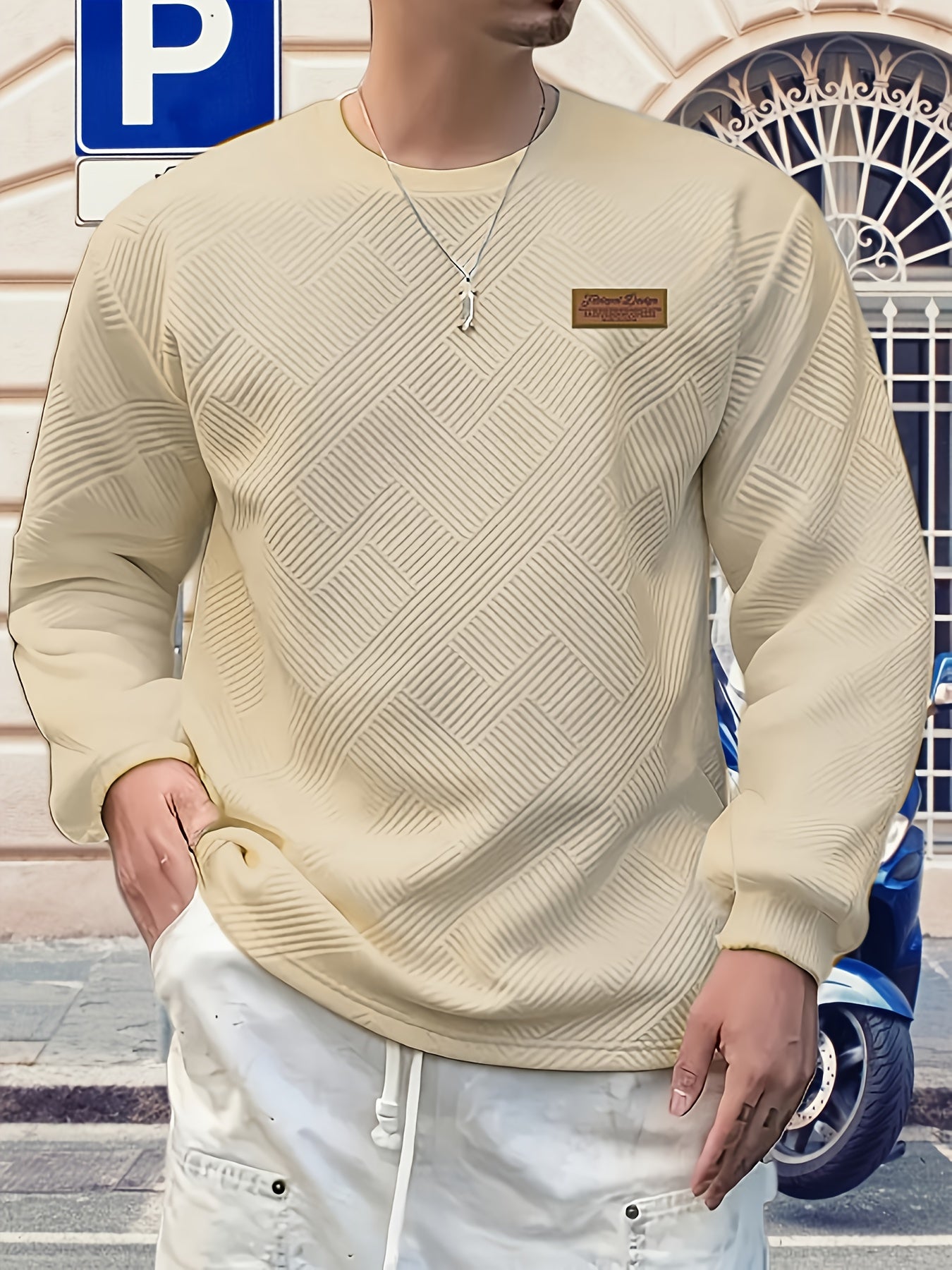 Valentine's Day Men's Gift, Men's Fashion Heavyweight Jacquard Crew Neck Long Sleeve Sweatshirt, Spring/Autumn Casual Comfortable Top for Daily Outings