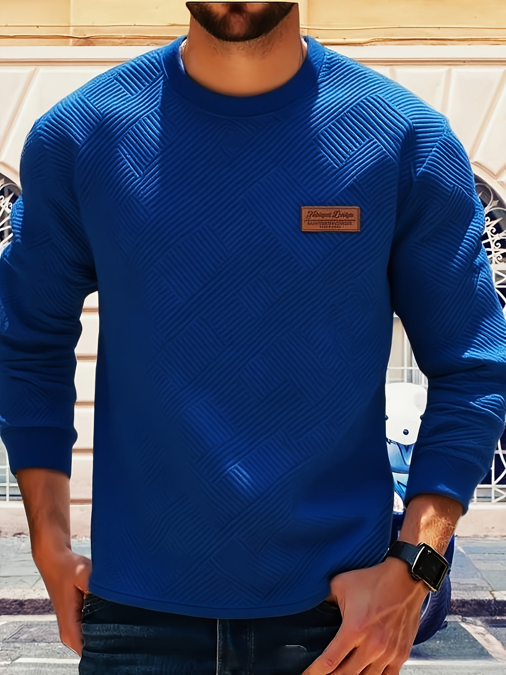 Valentine's Day Men's Gift, Men's Fashion Heavyweight Jacquard Crew Neck Long Sleeve Sweatshirt, Spring/Autumn Casual Comfortable Top for Daily Outings