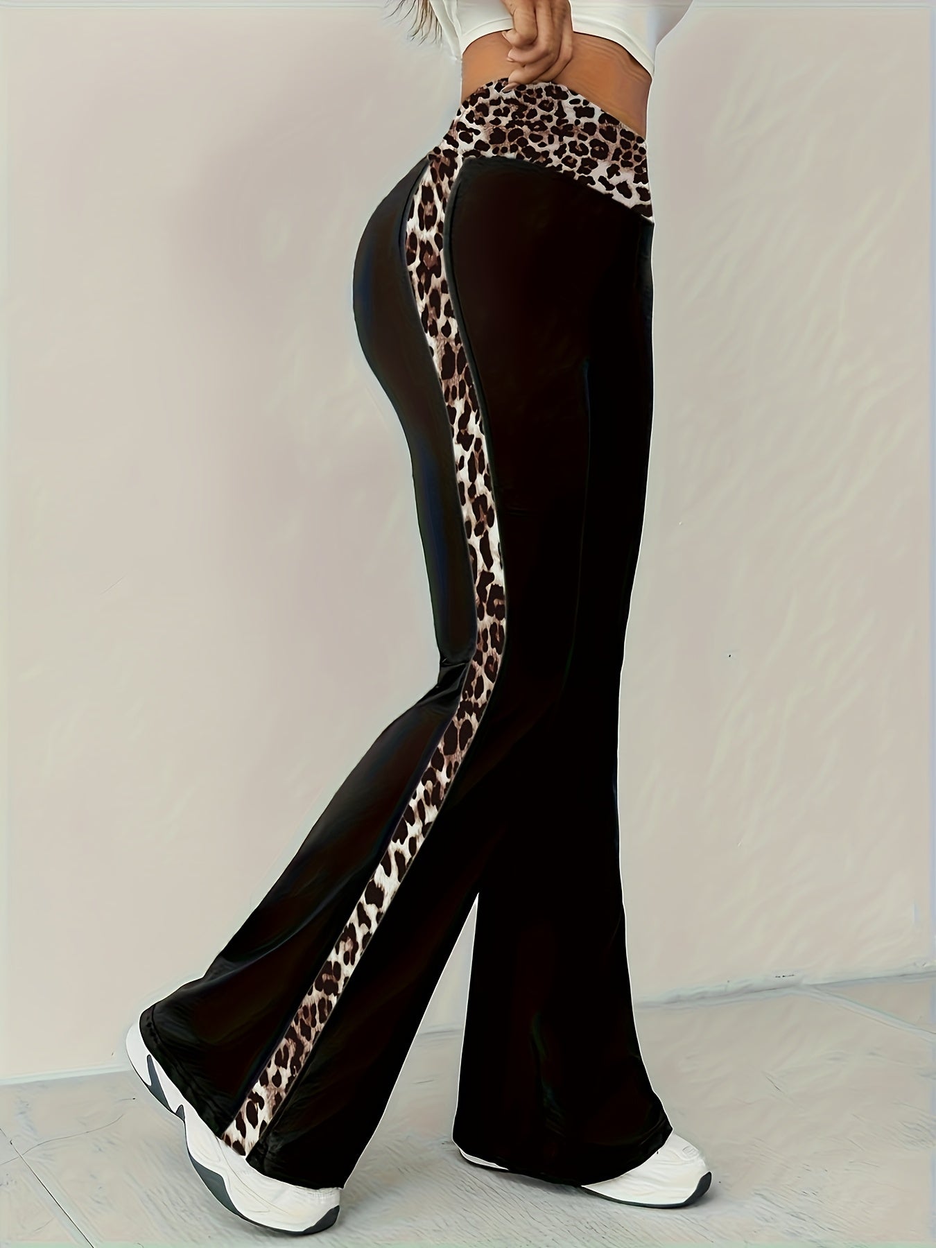 Women'S High-Waisted Flare Pants - Sexy Leopard Print Side Accent, All-Season Non-See-Through Trousers, Machine Washable for Parties, Everyday & Formal Outfits - Bold Fashion Bottoms, Party Attire, Comfortable Fit, Stylish Bo