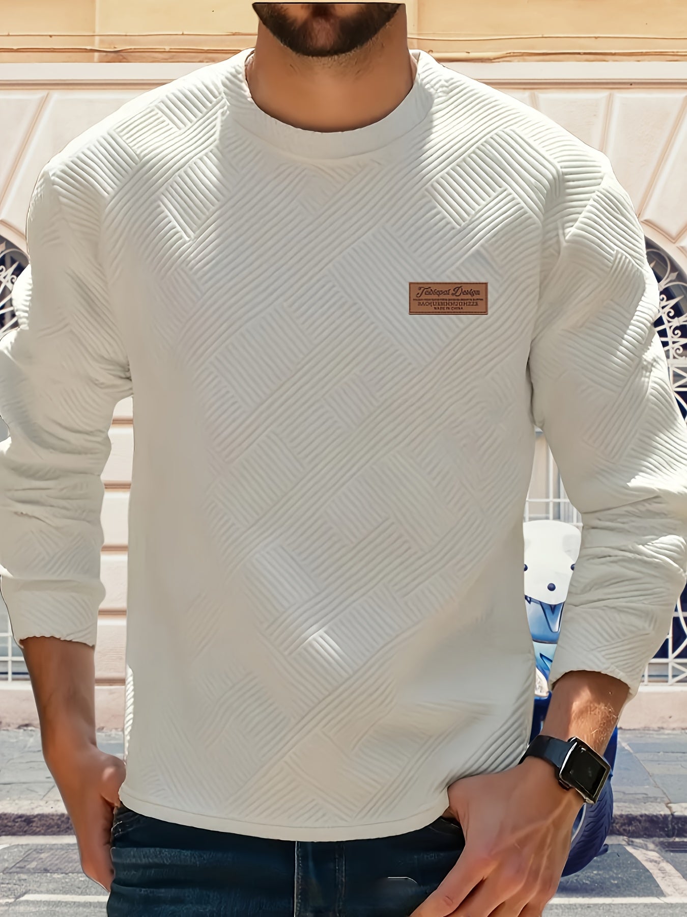 Valentine's Day Men's Gift, Men's Fashion Heavyweight Jacquard Crew Neck Long Sleeve Sweatshirt, Spring/Autumn Casual Comfortable Top for Daily Outings