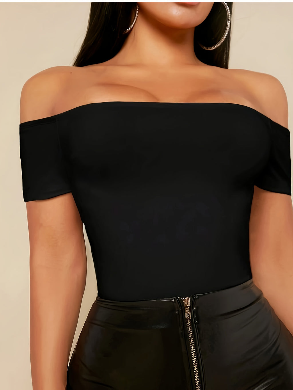 European and American Women's Elegant Off-Shoulder Crew Neck Comfortable Short-Sleeve Bodysuit T-Shirt Base Layer Tight-Fitting Bodysuit