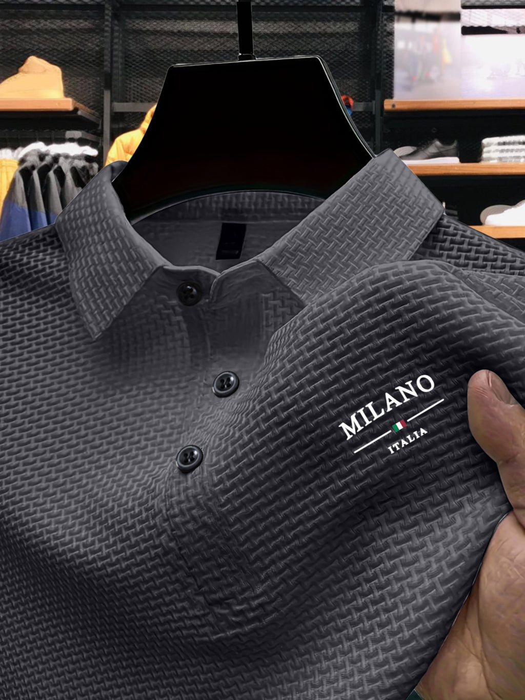 Men'S Short Sleeve Polo Shirt with Milan Letter Print | Casual Lapel Collar, Medium Stretch Fabric, Geometric Pattern, Button Details, Comfortable and Versatile for Summer