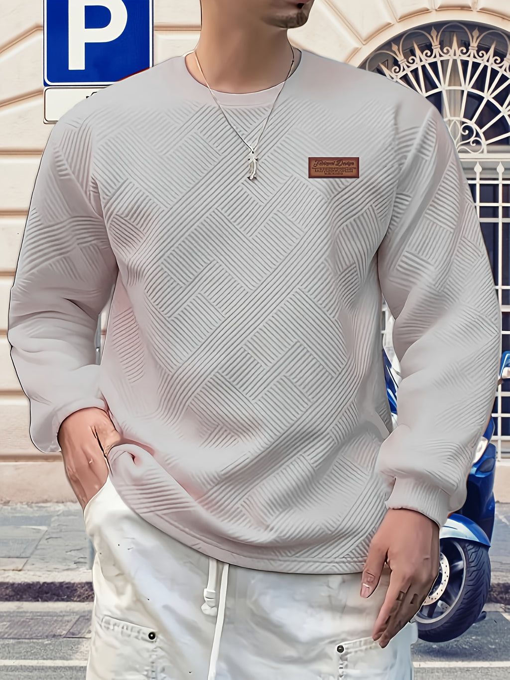 Valentine's Day Men's Gift, Men's Fashion Heavyweight Jacquard Crew Neck Long Sleeve Sweatshirt, Spring/Autumn Casual Comfortable Top for Daily Outings