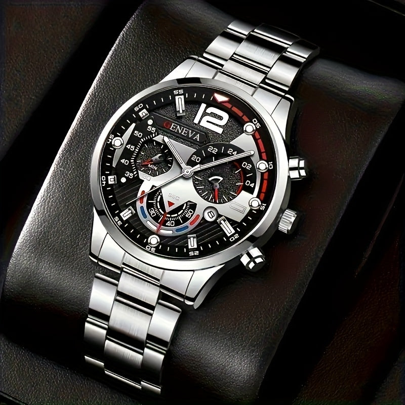 4-Piece Men's Fashion Watch Set, Quartz Sports Watch with Round Zinc Alloy Case, Faux Leather and Stainless Steel Straps, Battery Powered, Multi-Time Zone and Date Function, Ideal for Valentine's Day, Easter, Ramadan, Birthda