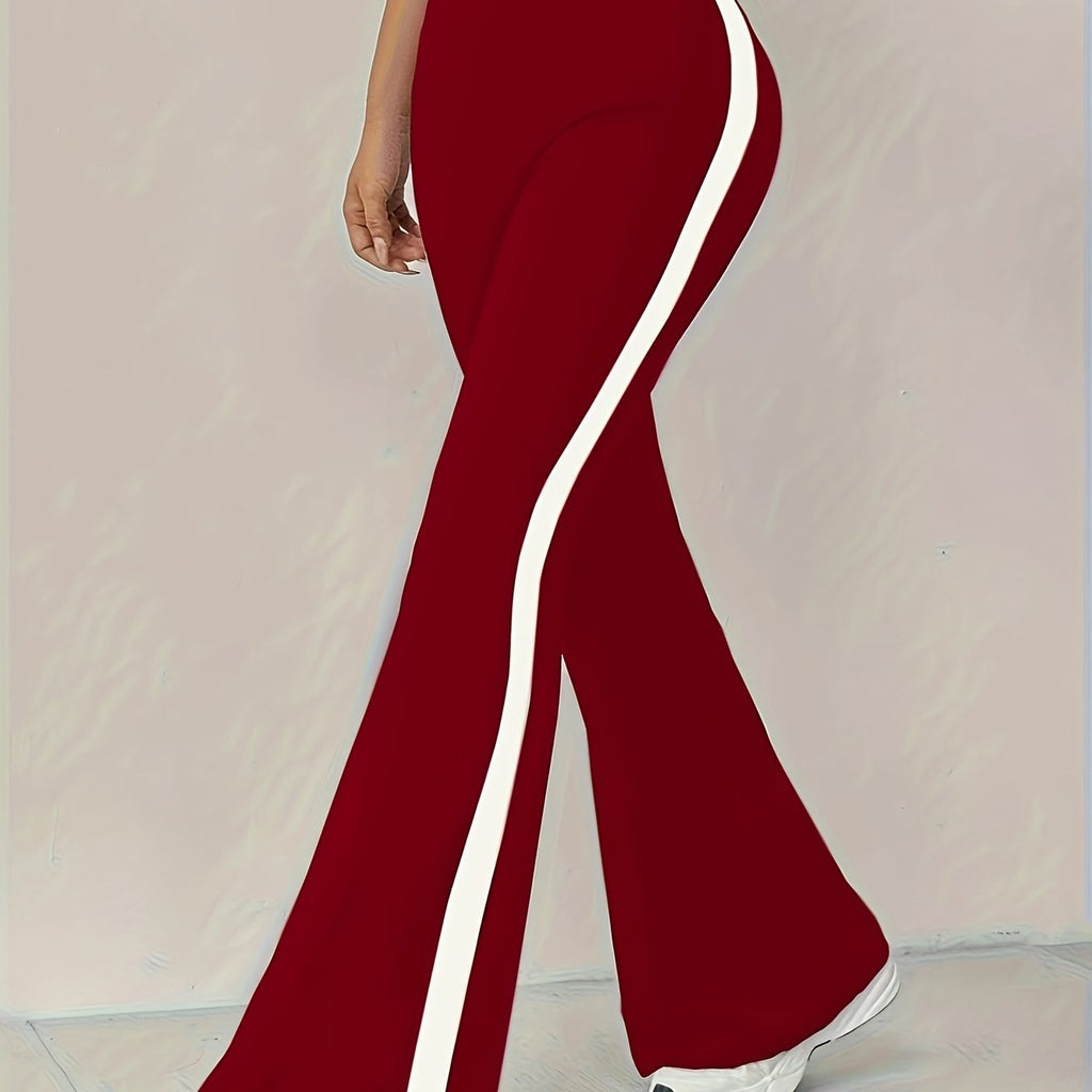High-Waist Black Flare Pants with White Side Stripes | and Leg-Lengthening, Casual Style, Suitable for All Seasons