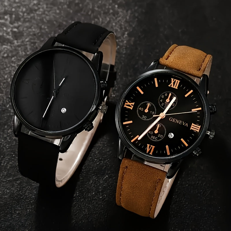 4-Piece Men's Fashion Watch Set, Quartz Sports Watch with Round Zinc Alloy Case, Faux Leather and Stainless Steel Straps, Battery Powered, Multi-Time Zone and Date Function, Ideal for Valentine's Day, Easter, Ramadan, Birthda