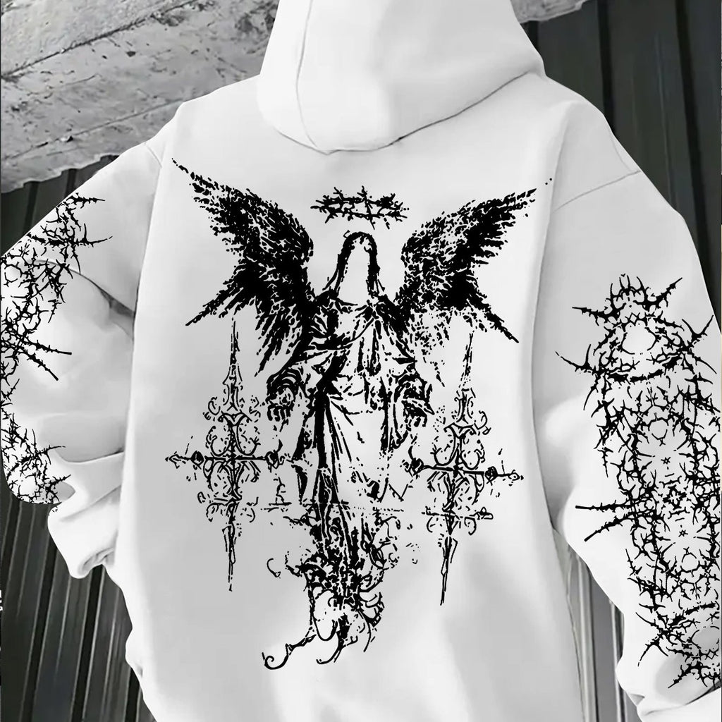 Men's Angel Element Graffiti Thorn Print Streetwear Hip-Hop Punk Style Hooded Sweatshirt, Regular Fit with Hooded Collar, Solid Color with Graphic Print, Casual Long-Sleeve Pullover